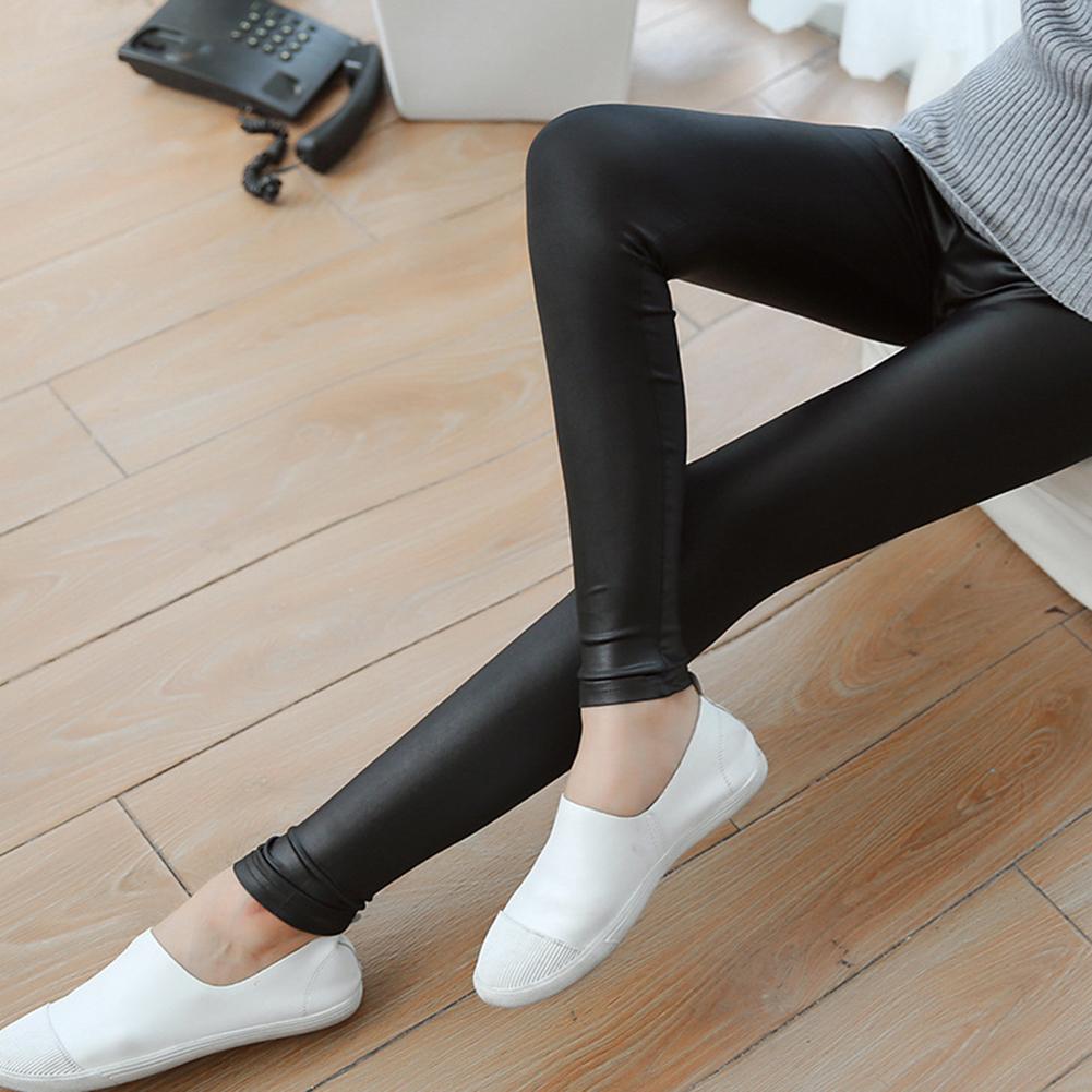 Women Winter Faux Leather Warm Pants High Waist Trousers thin Stretch Fleece Lining Skinny Ankle-Length Pants