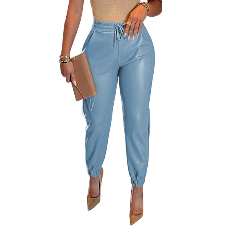 Women High Elastic PU Leather Harem Pants Summer Spring Female Drawstring Pocket PU Trousers MQQ-JWY2206