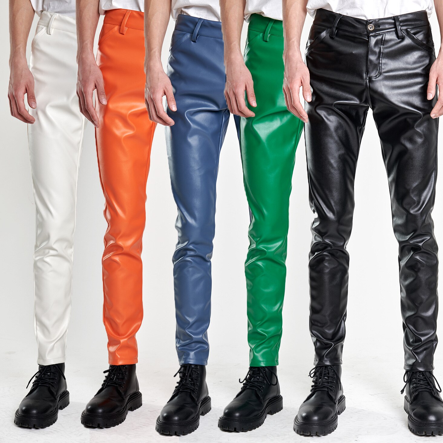 (16 colors) Biker Leather Pants Men's Fashion Slim Stretch PU Pants Red Blue Black Gray Men Pant Plus Size 28-36 38 40