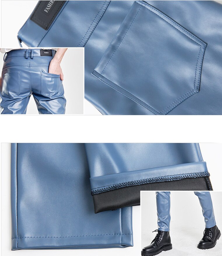 (16 colors) Biker Leather Pants Men's Fashion Slim Stretch PU Pants Red Blue Black Gray Men Pant Plus Size 28-36 38 40