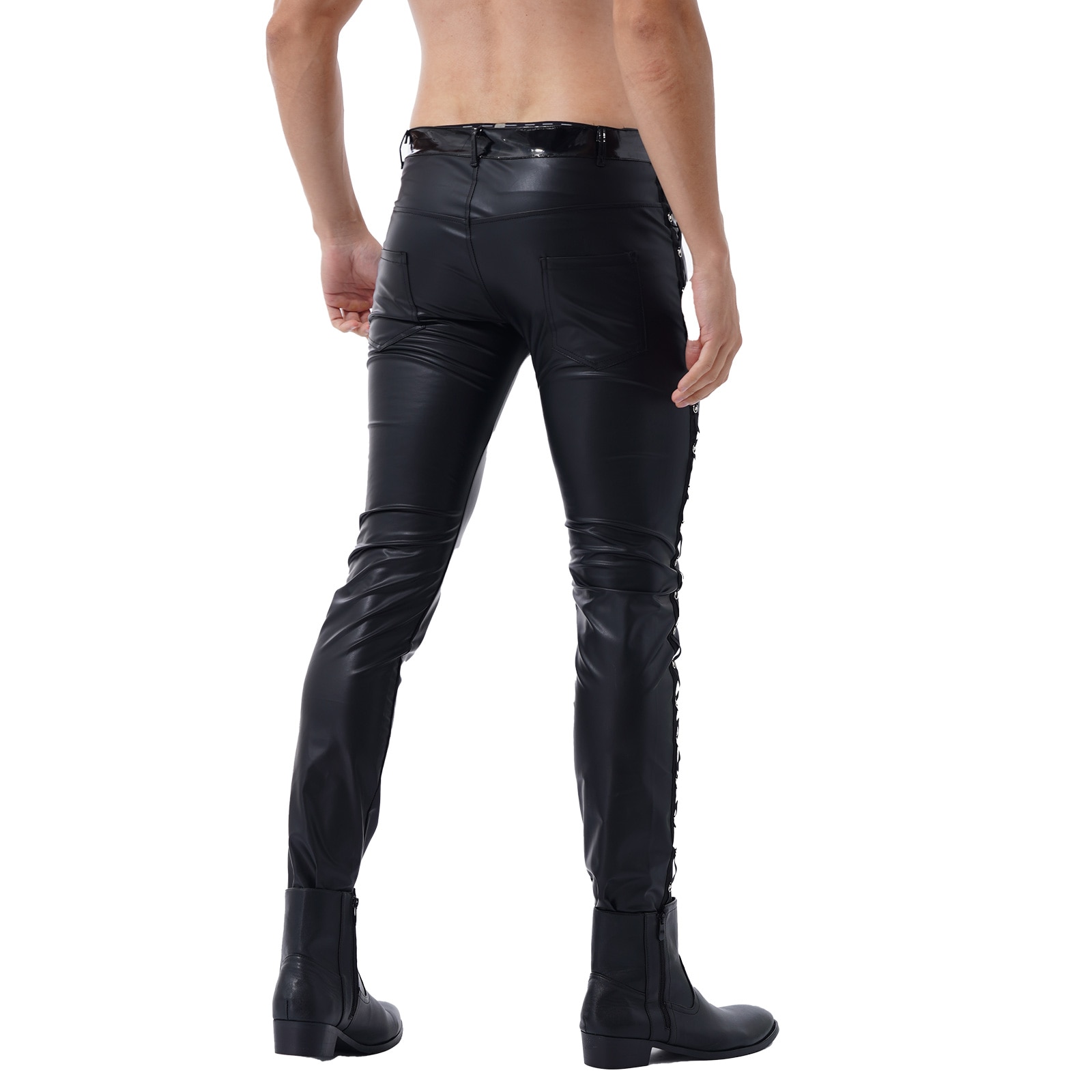 Men Latex Leather Pants Low Waist Faux Leather Shiny Pants Fashion Tight Trousers for Club Stage Show Rock Band Performance