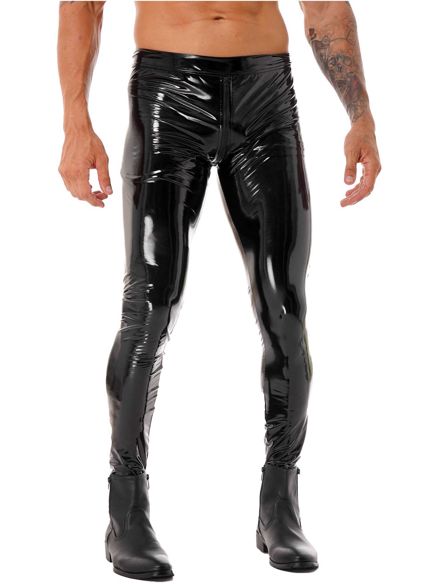 Men Latex Leather Pants Low Waist Faux Leather Shiny Pants Fashion Tight Trousers for Club Stage Show Rock Band Performance