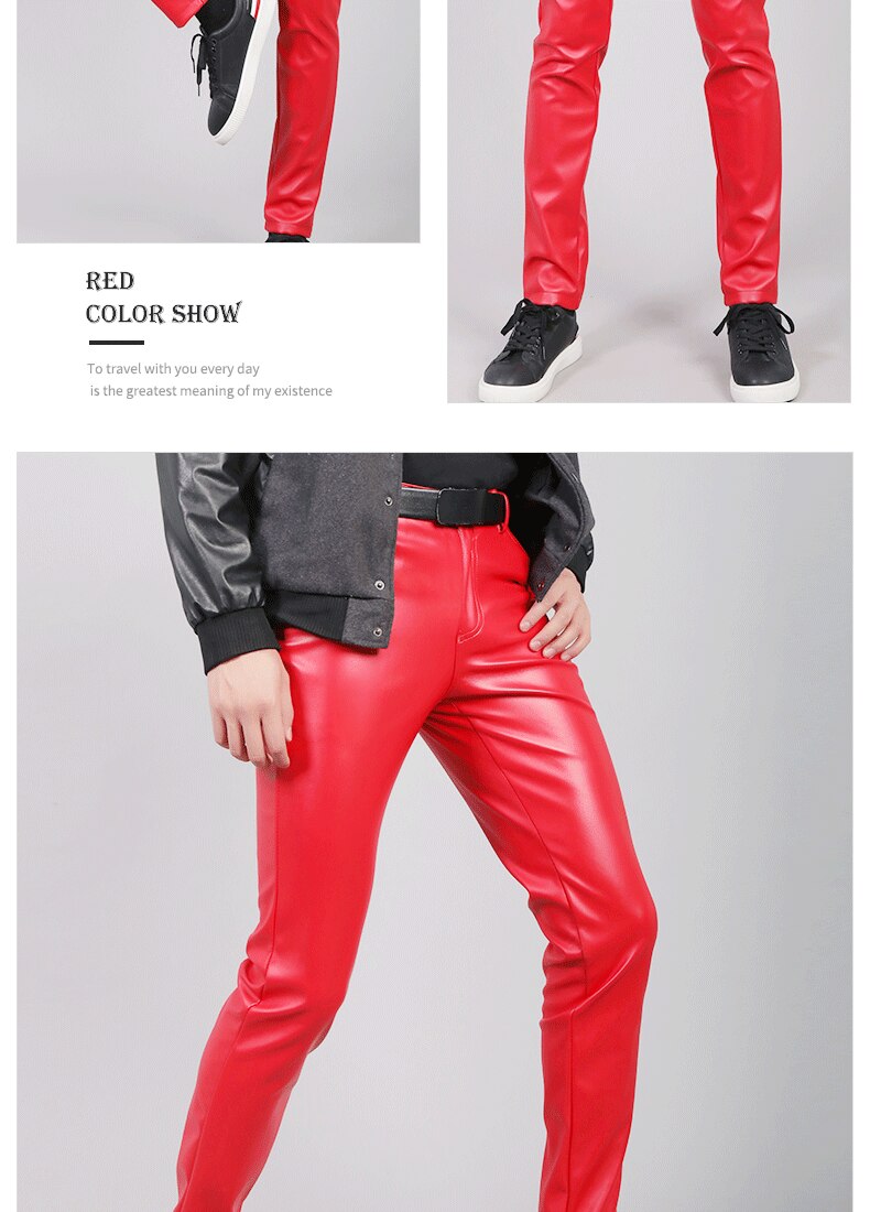Thoshine Brand Spring Autumn Men Leather Pants Slim Fit Elastic Style Male Fashion PU Leather Trousers Punk Cosplay Dance Pants