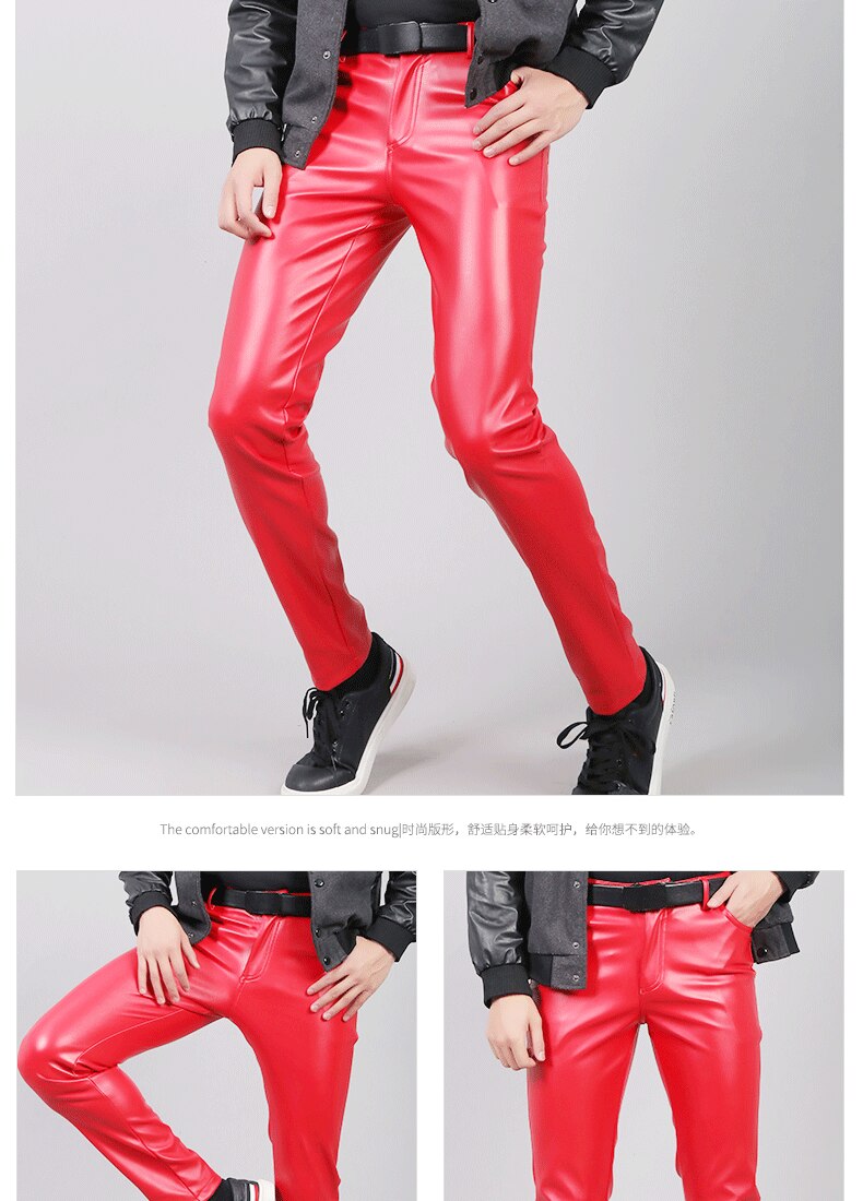 Thoshine Brand Spring Autumn Men Leather Pants Slim Fit Elastic Style Male Fashion PU Leather Trousers Punk Cosplay Dance Pants