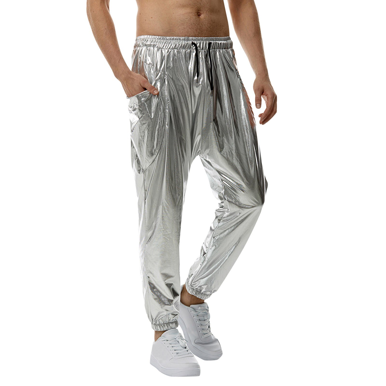 Casual Sweatpants For Men 2023 Summer Autumn Solid Color Tethered Leather Pants Bright Leather Trousers High Street Sweatpants