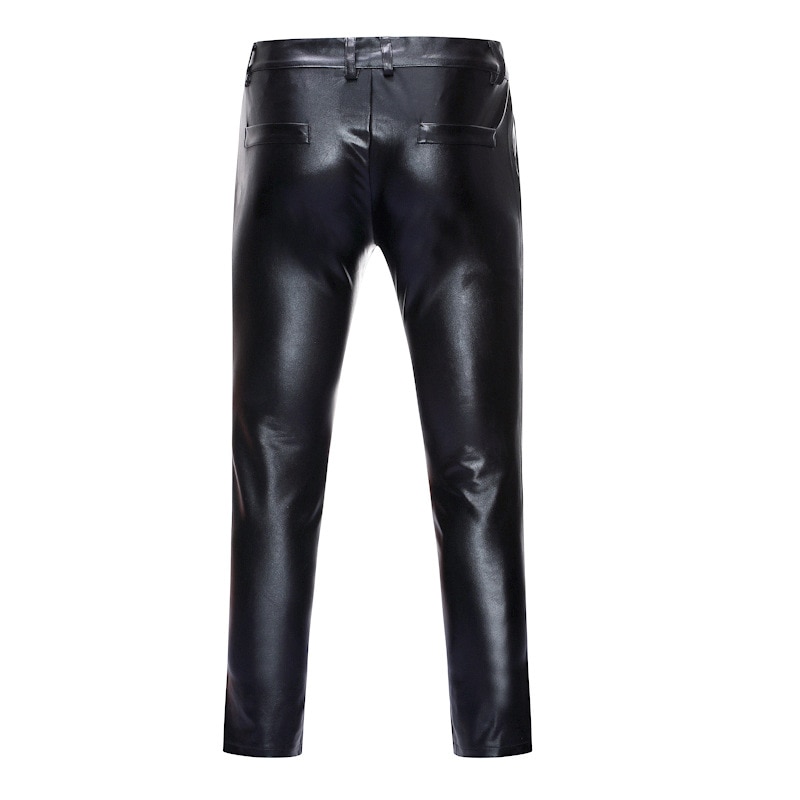 Motorcycle PU Leather Pants Men Brand Skinny Shiny Gold Coated Metallic Pants Trousers Nightclub Stage Perform Pants for Singers