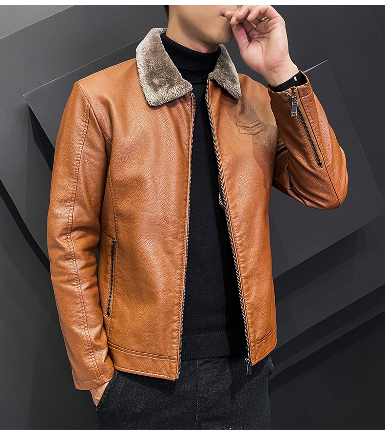 New Thick Brown Leather Jacket Mens Winter Autumn Men's Jacket Fashion Faux Fur Collar Windproof Warm Coat Men Brand Clothing