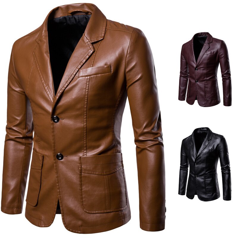 Leather Blazer Man 2022 Spring Autumn Fashion Men's Leather Jacket Dress Suit Coat Male Business Casual Pu Black Blazers Jacket