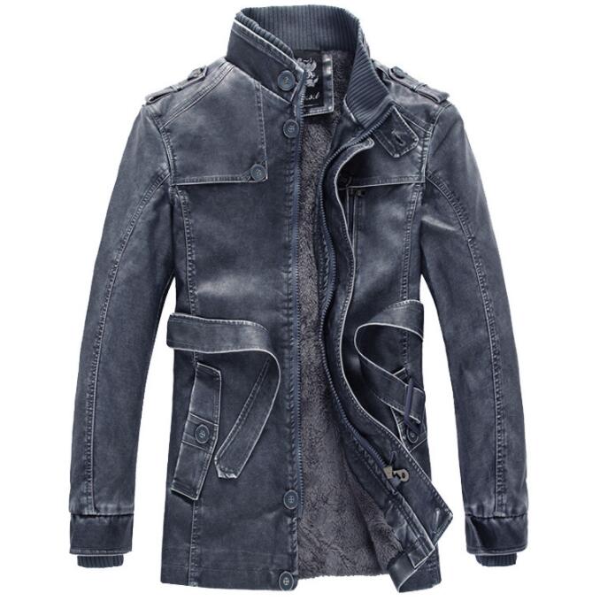 Winter Men's Thick Fleece Leather Jacket Coat Long Outwear Fashion Warm Casual Vintage Clothing for Men Steampunk Biker Jaqueta