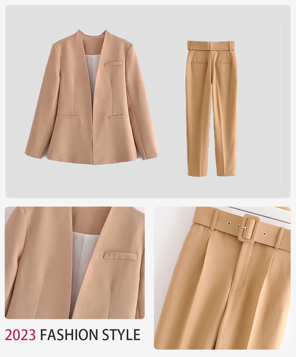 2023 Women Fashion Two Pieces Sets Office Wear Blazers Coat And With Belt High Waist Pants Female