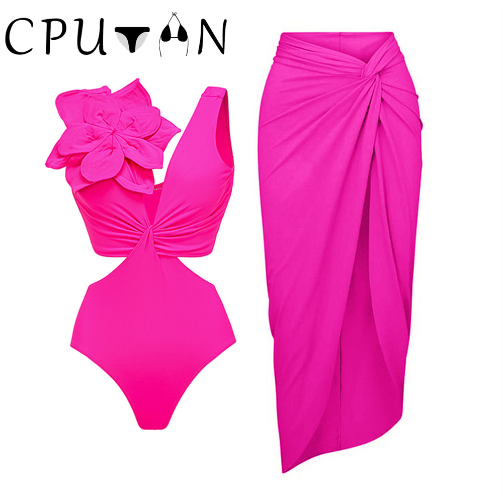 CPUTAN 2023 Ruffle 3 Pieces Bikini Set Women Swimwear Sexy Biquini Swimsuit High Waist Cover up Beach Skirt Bathing Suit Dress