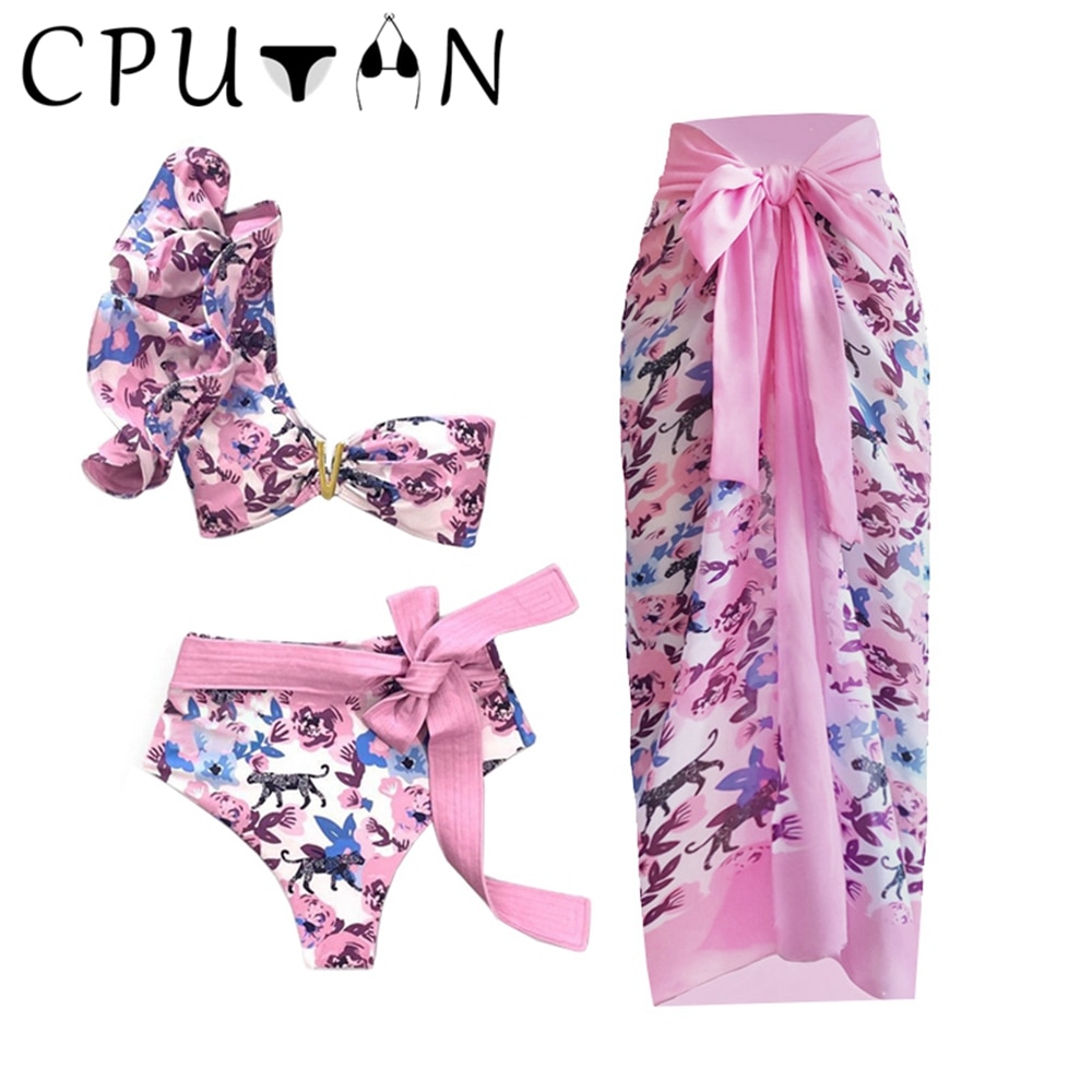CPUTAN 2023 Ruffle 3 Pieces Bikini Set Women Swimwear Sexy Biquini Swimsuit High Waist Cover up Beach Skirt Bathing Suit Dress