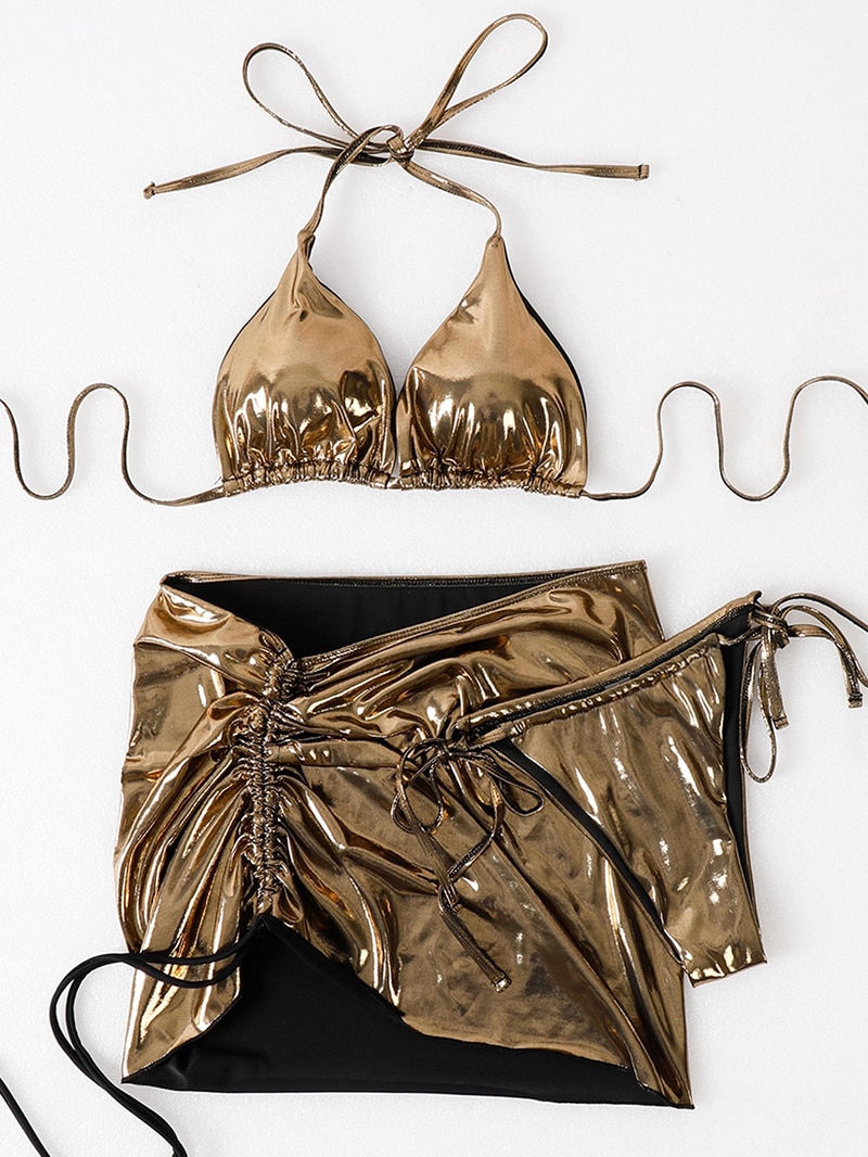 Sexy Shiny Golden Halter 3 Pieces Bikini Set With Drawstring Beach Skirt Backless Swimsuit 2023 New Swimwear Women Beachwear