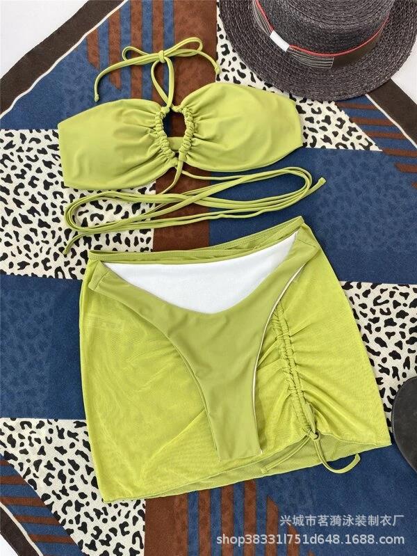 2023 New 3 Pieces Set Swimsuit Women High Waist Swimwear Sexy Lace Up Micro Bikini Set With Skirt Solid Beachwear Bathing Suit