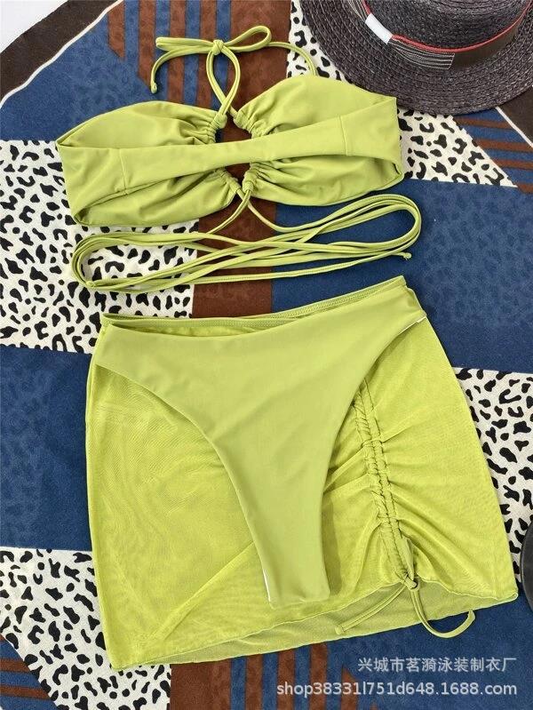 2023 New 3 Pieces Set Swimsuit Women High Waist Swimwear Sexy Lace Up Micro Bikini Set With Skirt Solid Beachwear Bathing Suit