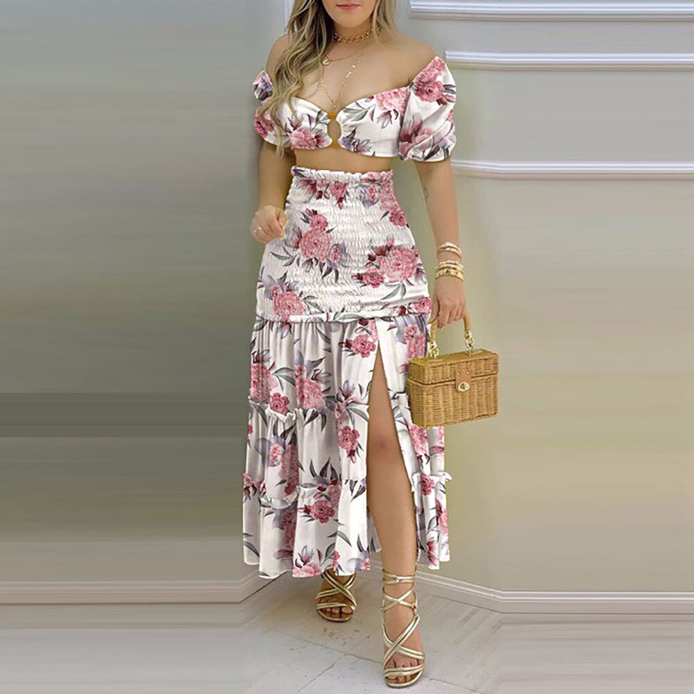 Summer Women Daily Fashion Elegant Sexy Bohemian Commuting Thin Off Shoulder Printed Split Skirt Two Piece Set High Waist Skirt