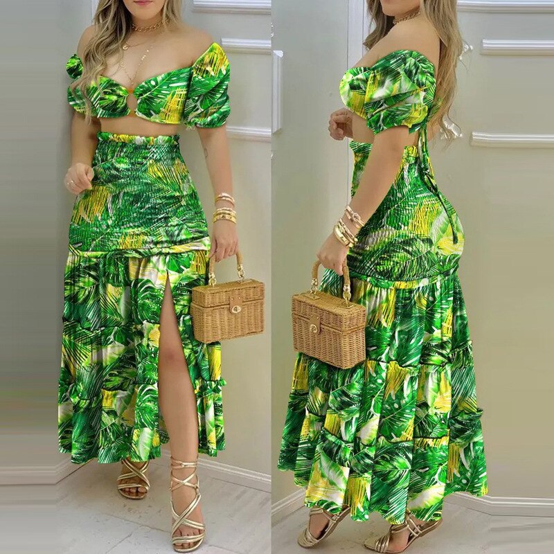 Summer Women Daily Fashion Elegant Sexy Bohemian Commuting Thin Off Shoulder Printed Split Skirt Two Piece Set High Waist Skirt