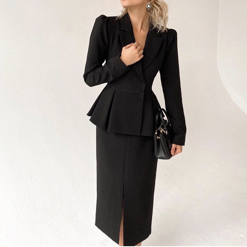 Women Blazer Dress 2023 New in Elegant Ruffles Split Solid Color Long Sleeve Slit Slim Casual Office Lady Blazer Skirt Set