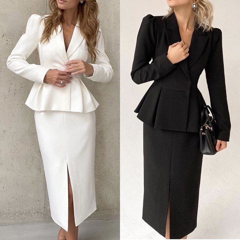 Women Blazer Dress 2023 New in Elegant Ruffles Split Solid Color Long Sleeve Slit Slim Casual Office Lady Blazer Skirt Set