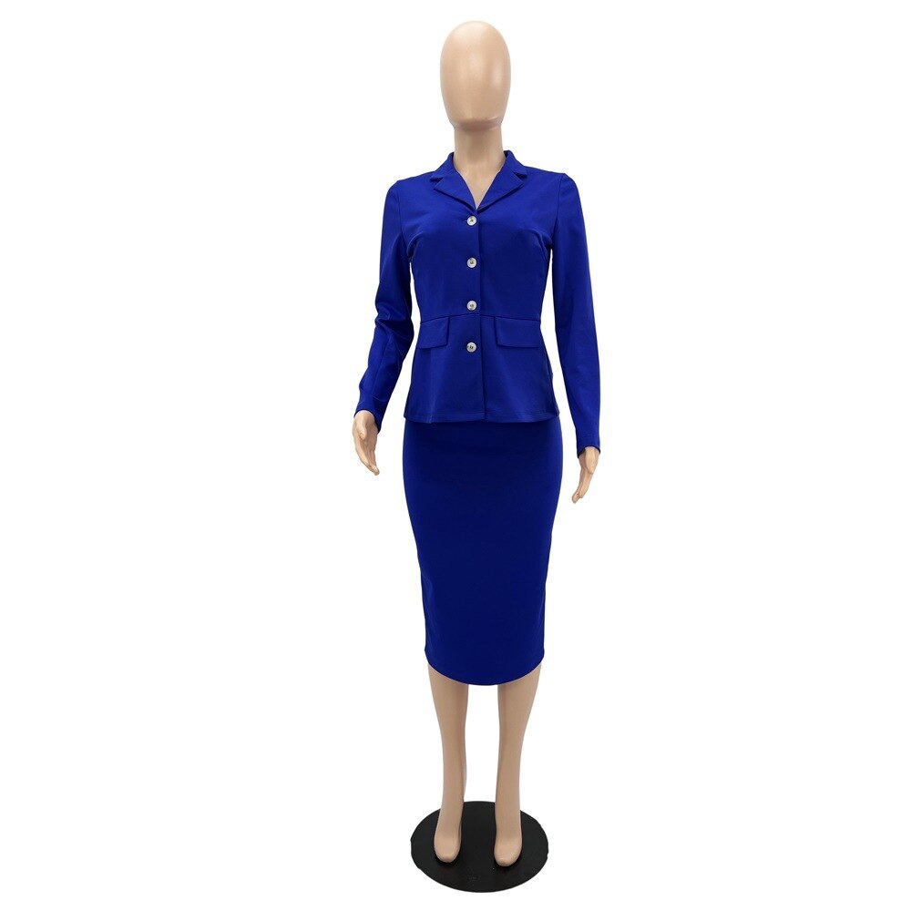 Women Blazer 2 Piece Skirt Sets Fashion Long Sleeve Single-breasted Tops Midi Skirt Suits Dashiki Ladies Office African Clothing