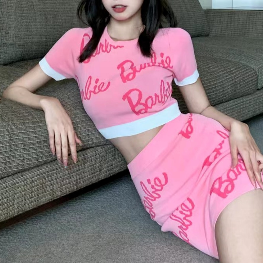 Women 2 Piece Set 2023 Autumn New Sweet Sexy Pink Letter Printed Color Contrast Short Top Kawaii A-line Skirt Two-piece Suit Y2k