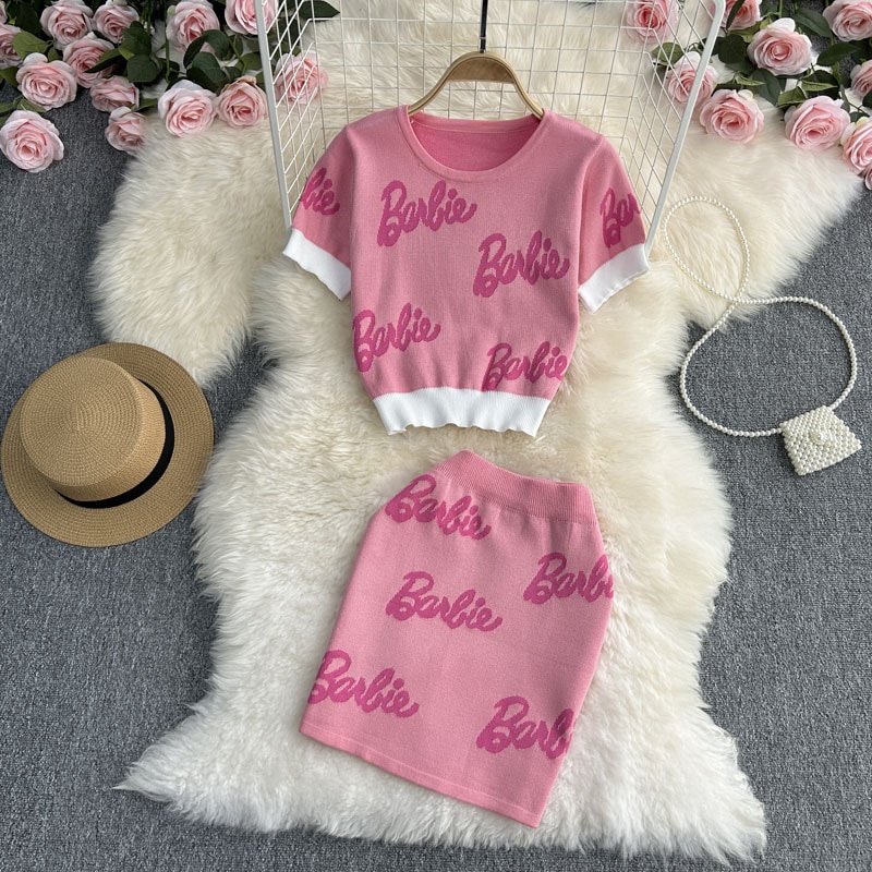 Women 2 Piece Set 2023 Autumn New Sweet Sexy Pink Letter Printed Color Contrast Short Top Kawaii A-line Skirt Two-piece Suit Y2k