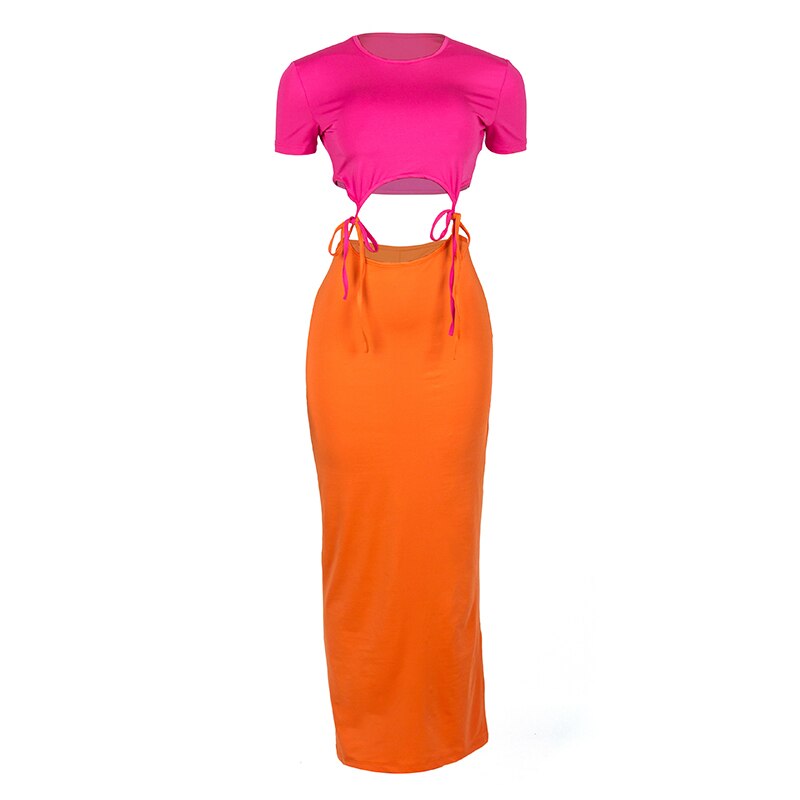 Oshfall Women's Sexy Fashion Two-Piece Set Solid Rose Round Neck Short Top+Summer Orange Elegant High Waist Skirt Street Set Hot