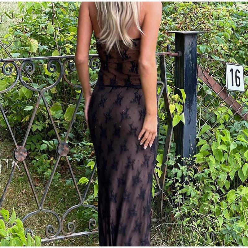 Lace Print Sexy Mesh Sheer Skirt Set For Women See Through Strapless Crop Top Skirt Matching Suit Female Night Club Party Set