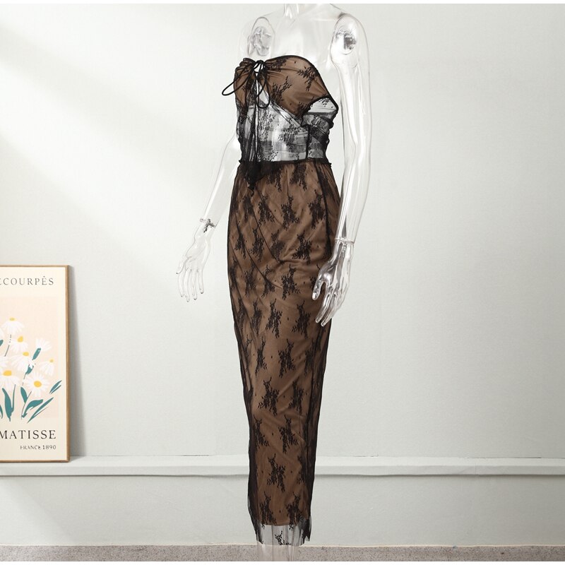 Lace Print Sexy Mesh Sheer Skirt Set For Women See Through Strapless Crop Top Skirt Matching Suit Female Night Club Party Set