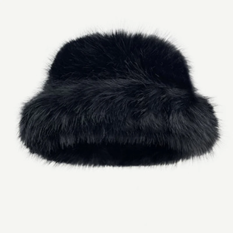 Real Fur Hat Round Plush Cap For Women Autumn-Winter Hats Natural Fur Fluffy Popular Plush Senior Sense Bucket Hat