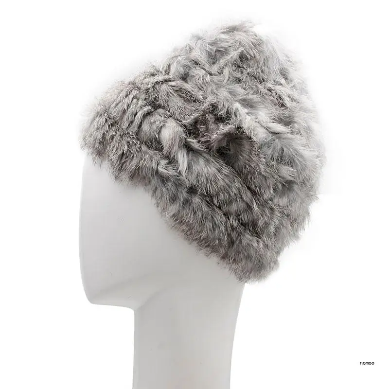 Fashion Russian Lady Rabbit Fur Knitted Cap Women Winter Warm Beanie Hat
