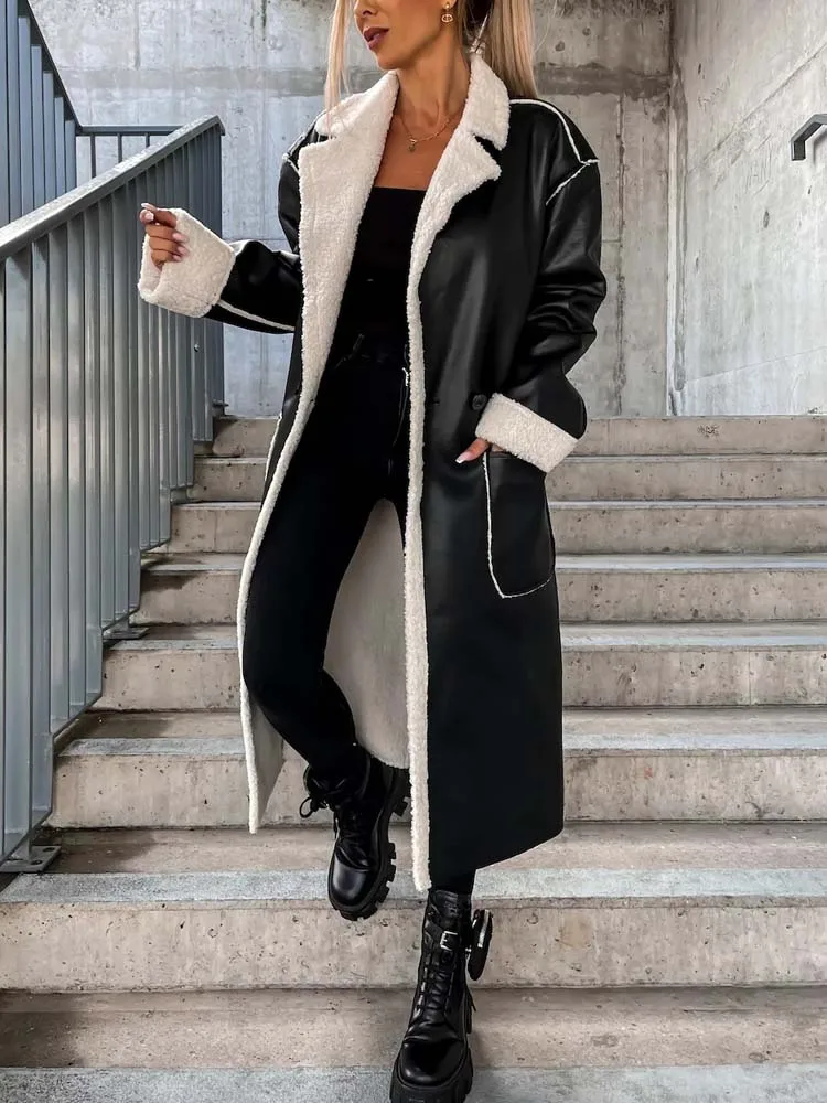 2022 Winter PU Faux Leather Coat Women Long Leather Jacket Black Thick Warm Coats for Women