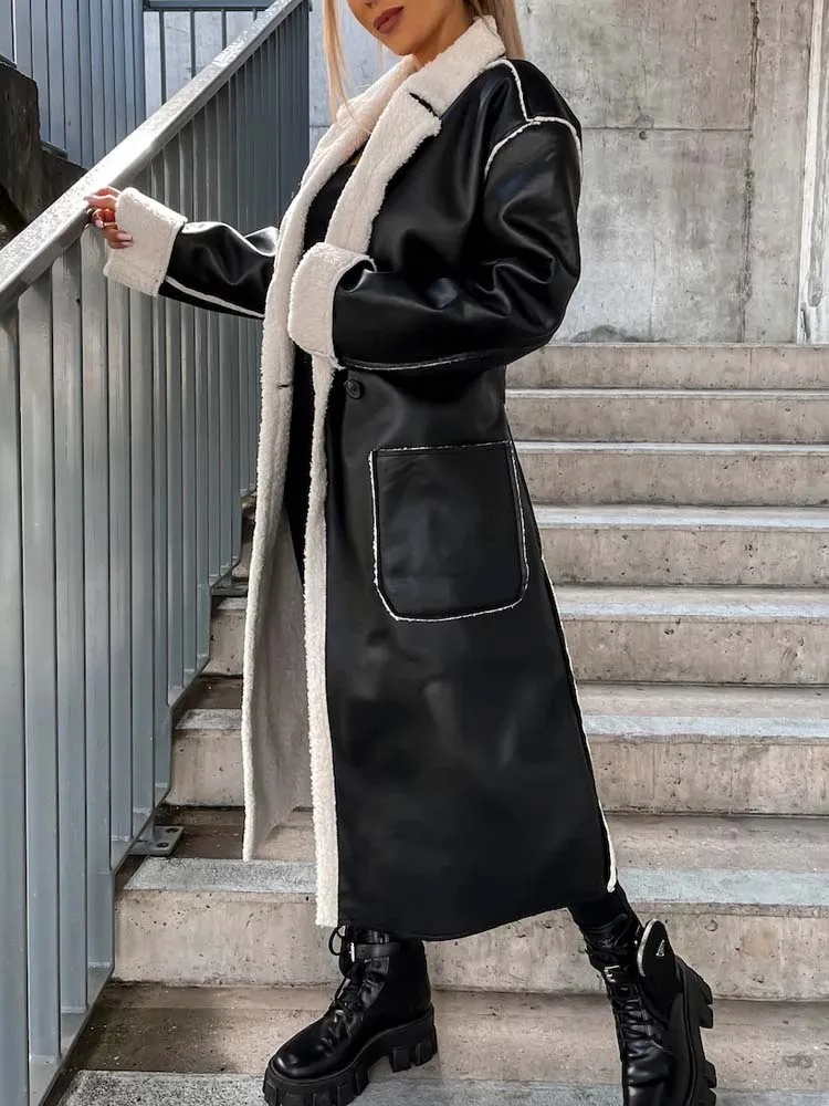 2022 Winter PU Faux Leather Coat Women Long Leather Jacket Black Thick Warm Coats for Women
