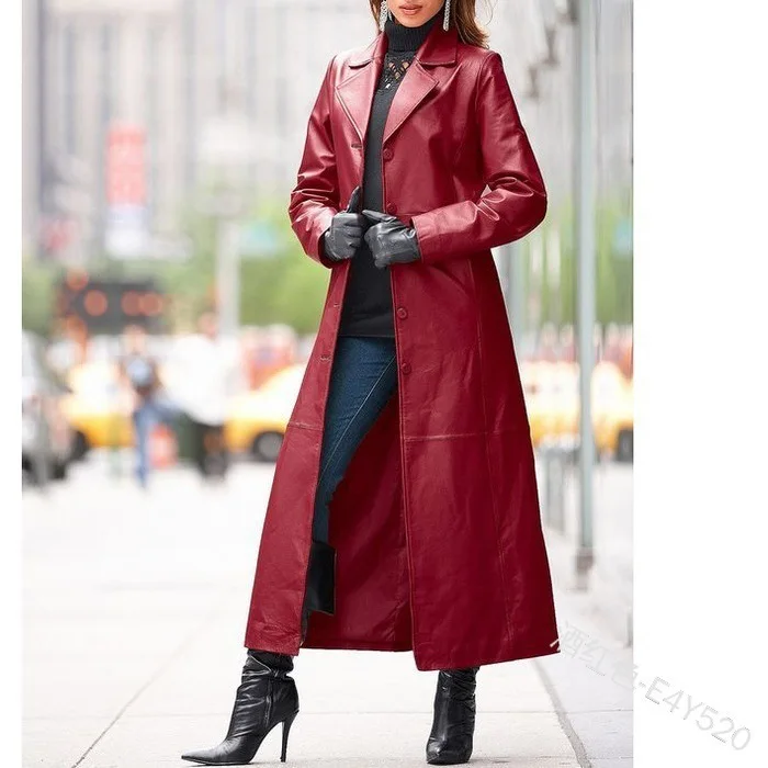 2023 New Autumn Winter Women's Clothing Button Leather Coat Long-Cut Coat Slim Fit Slimming Pu Leather Wind Coat