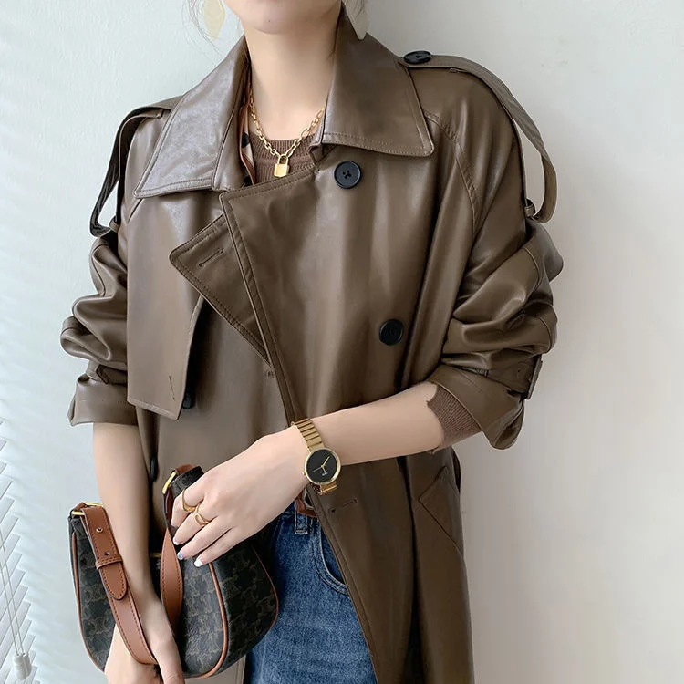 LANMREM PU Leather Coat For Women Lapel Double Breasted Long Sleeves Solid Color Belt Coats Female Fashion Clothing 2R7740