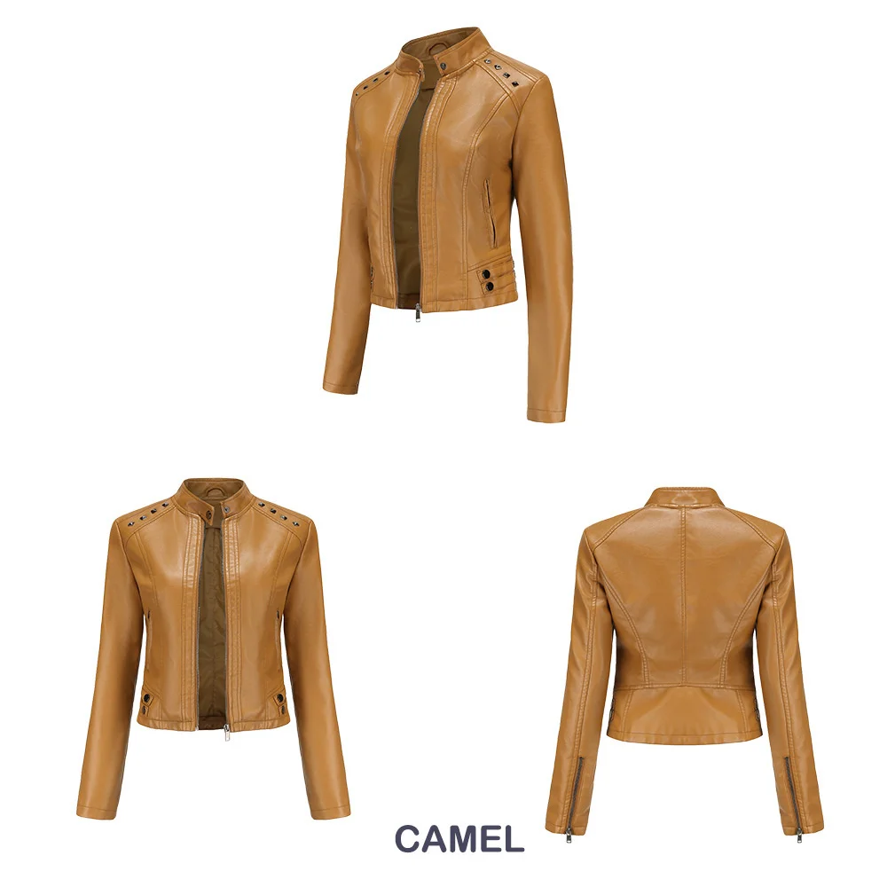 New In Women Sring Autumn Black Faux Leather Jackets Zipper Rivet Short Basic Coat Fashion Slim Female Motor Biker Pu Jacket