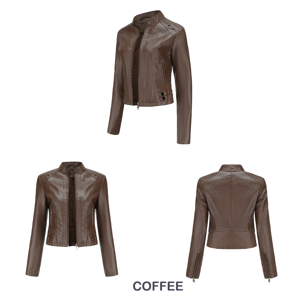 New In Women Sring Autumn Black Faux Leather Jackets Zipper Rivet Short Basic Coat Fashion Slim Female Motor Biker Pu Jacket