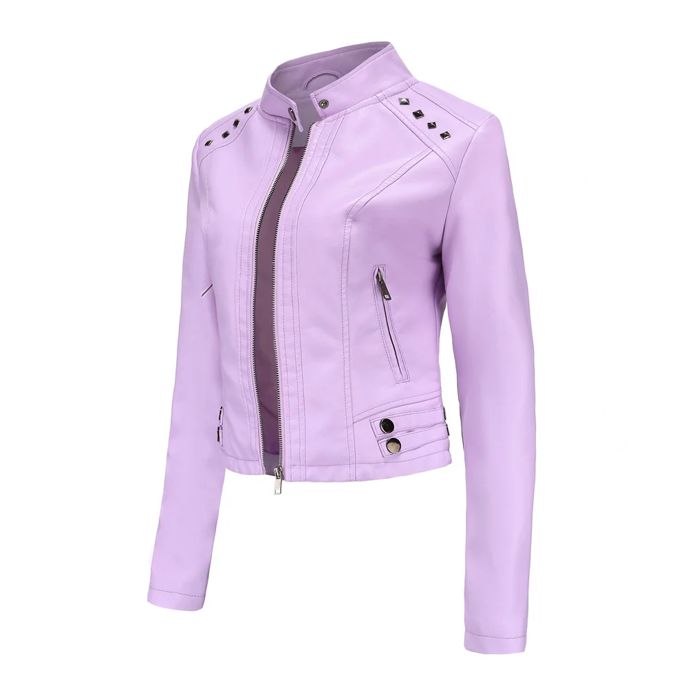 New In Women Sring Autumn Black Faux Leather Jackets Zipper Rivet Short Basic Coat Fashion Slim Female Motor Biker Pu Jacket