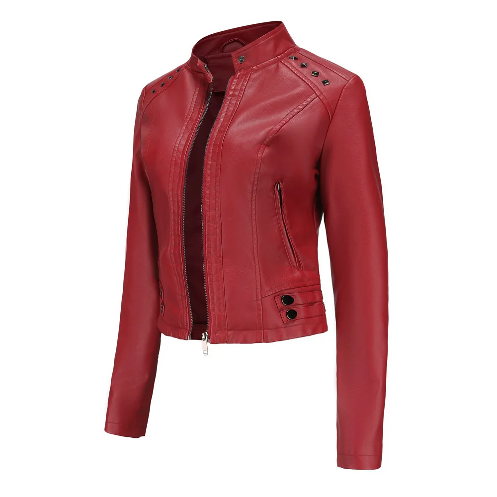 New In Women Sring Autumn Black Faux Leather Jackets Zipper Rivet Short Basic Coat Fashion Slim Female Motor Biker Pu Jacket