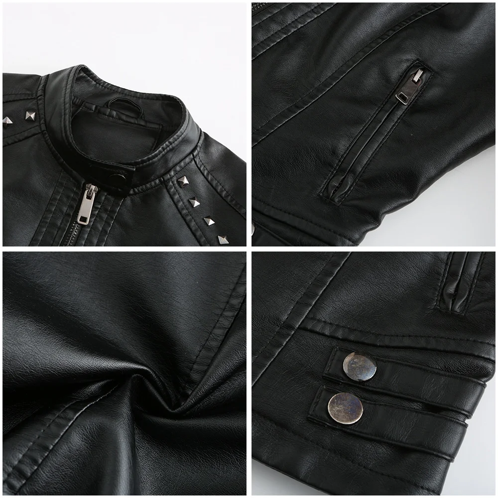 New In Women Sring Autumn Black Faux Leather Jackets Zipper Rivet Short Basic Coat Fashion Slim Female Motor Biker Pu Jacket