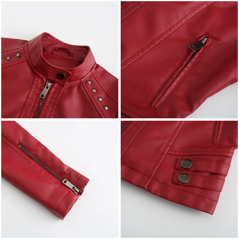 New In Women Sring Autumn Black Faux Leather Jackets Zipper Rivet Short Basic Coat Fashion Slim Female Motor Biker Pu Jacket