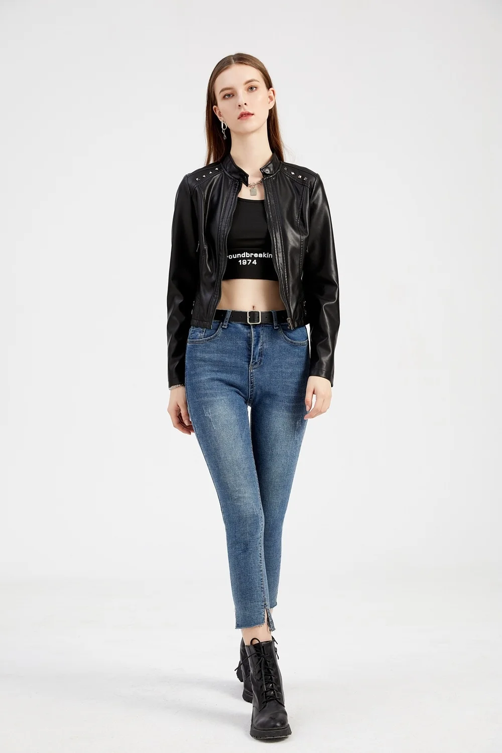 New In Women Sring Autumn Black Faux Leather Jackets Zipper Rivet Short Basic Coat Fashion Slim Female Motor Biker Pu Jacket