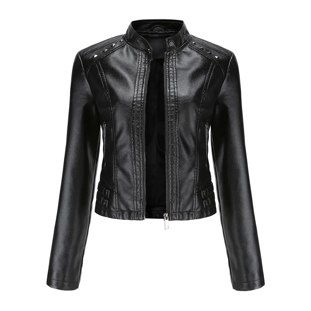 New In Women Sring Autumn Black Faux Leather Jackets Zipper Rivet Short Basic Coat Fashion Slim Female Motor Biker Pu Jacket