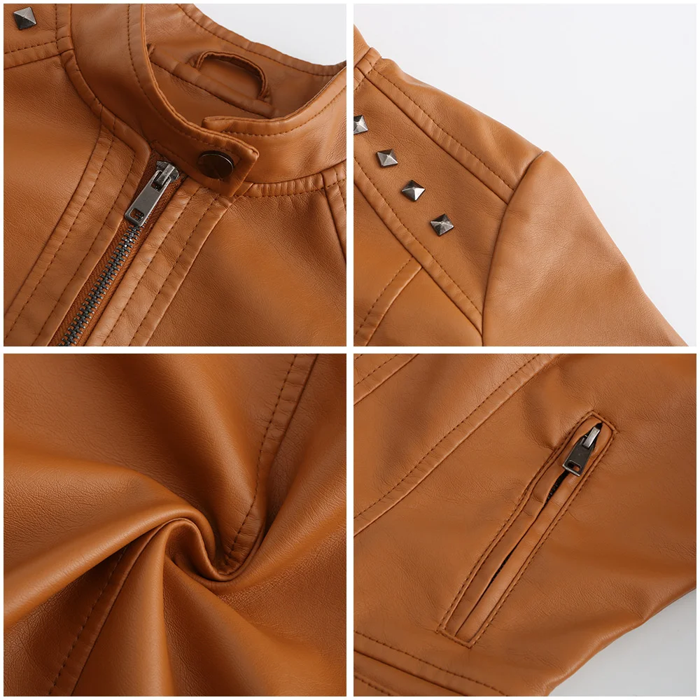New In Women Sring Autumn Black Faux Leather Jackets Zipper Rivet Short Basic Coat Fashion Slim Female Motor Biker Pu Jacket