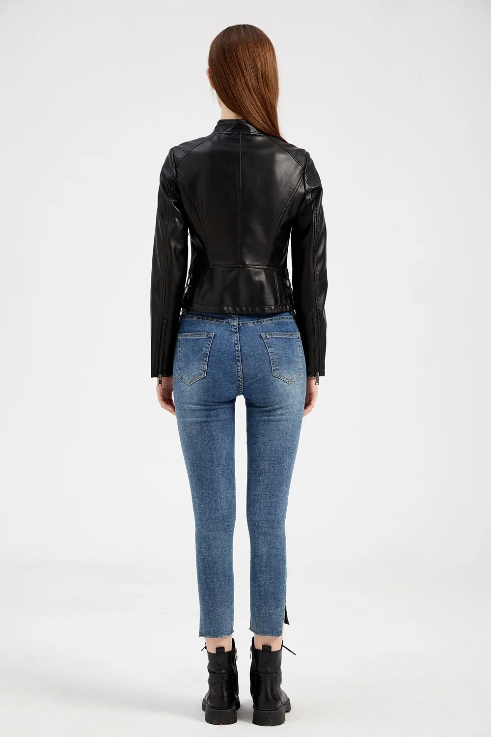 New In Women Sring Autumn Black Faux Leather Jackets Zipper Rivet Short Basic Coat Fashion Slim Female Motor Biker Pu Jacket