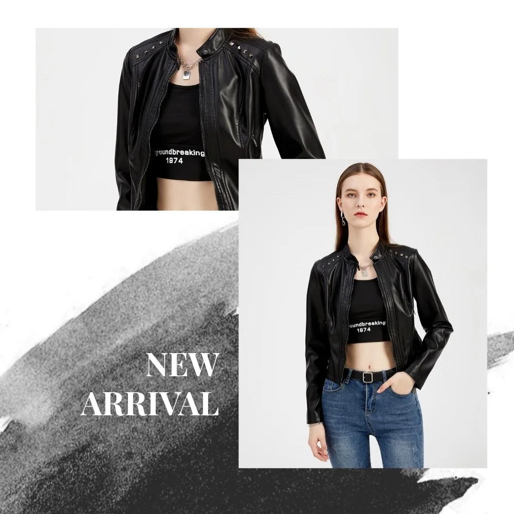 New In Women Sring Autumn Black Faux Leather Jackets Zipper Rivet Short Basic Coat Fashion Slim Female Motor Biker Pu Jacket