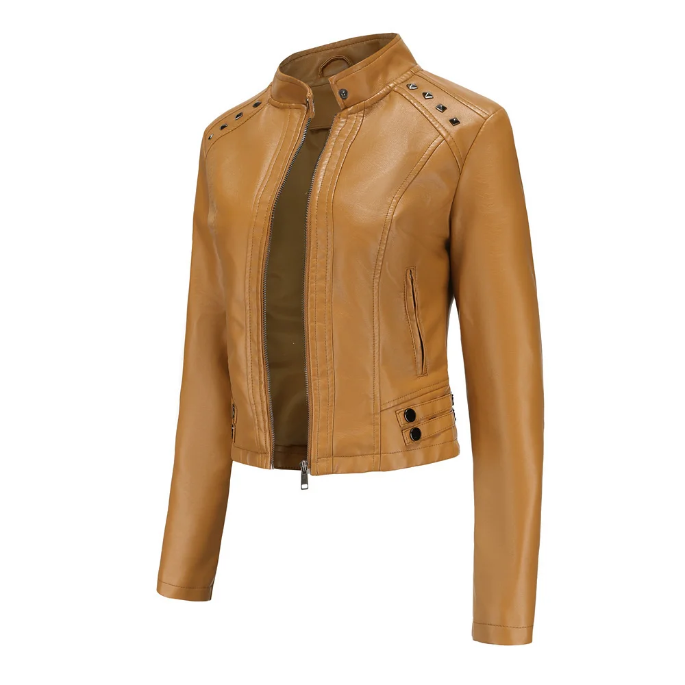 New In Women Sring Autumn Black Faux Leather Jackets Zipper Rivet Short Basic Coat Fashion Slim Female Motor Biker Pu Jacket