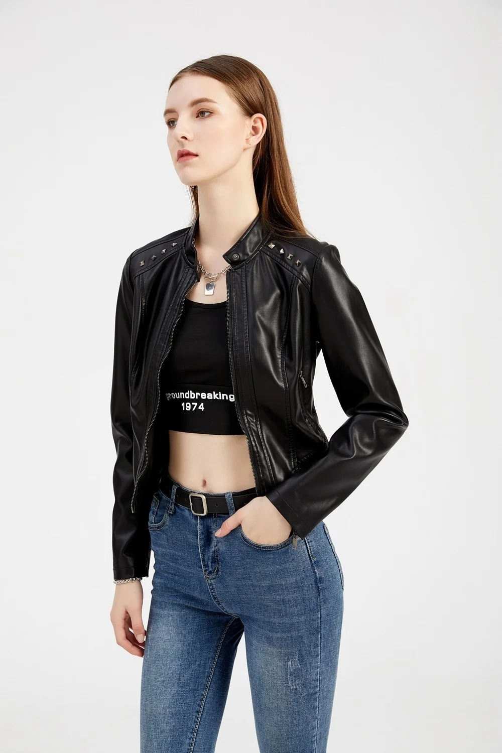 New In Women Sring Autumn Black Faux Leather Jackets Zipper Rivet Short Basic Coat Fashion Slim Female Motor Biker Pu Jacket