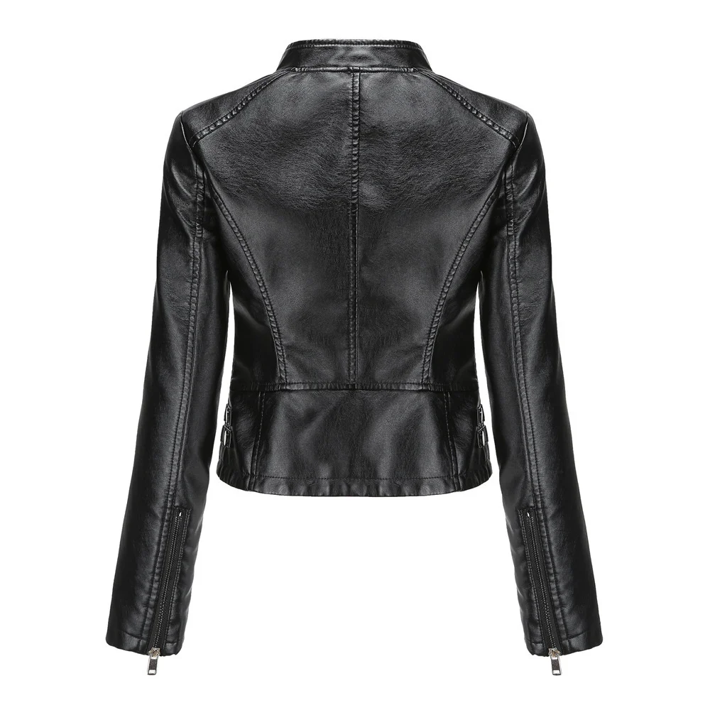 New In Women Sring Autumn Black Faux Leather Jackets Zipper Rivet Short Basic Coat Fashion Slim Female Motor Biker Pu Jacket