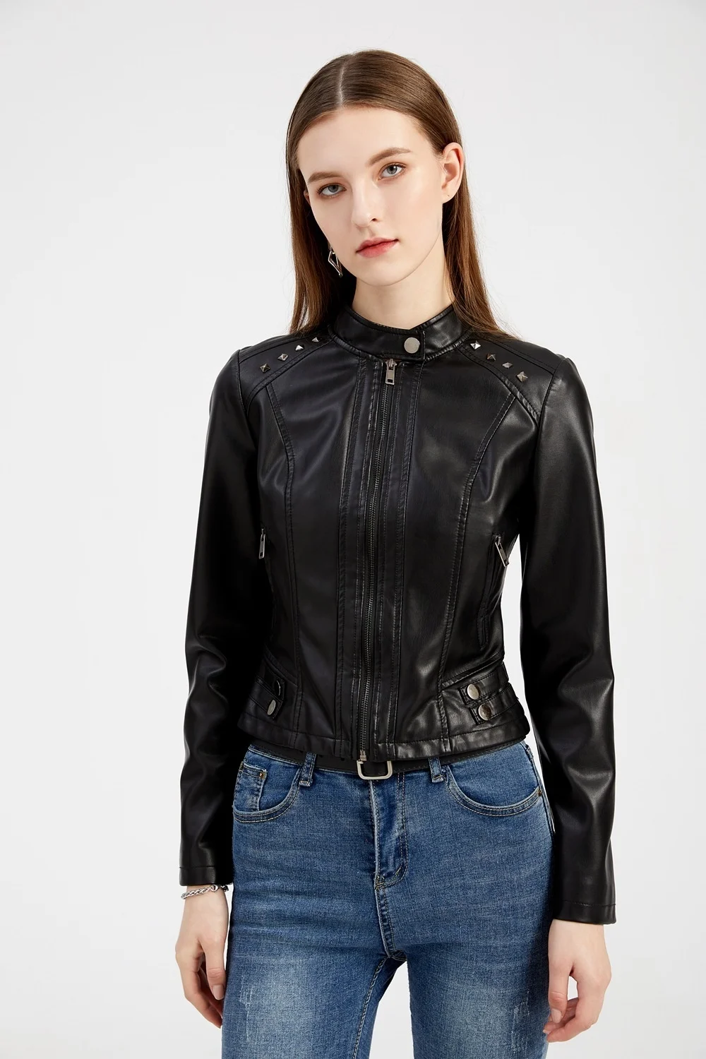 New In Women Sring Autumn Black Faux Leather Jackets Zipper Rivet Short Basic Coat Fashion Slim Female Motor Biker Pu Jacket